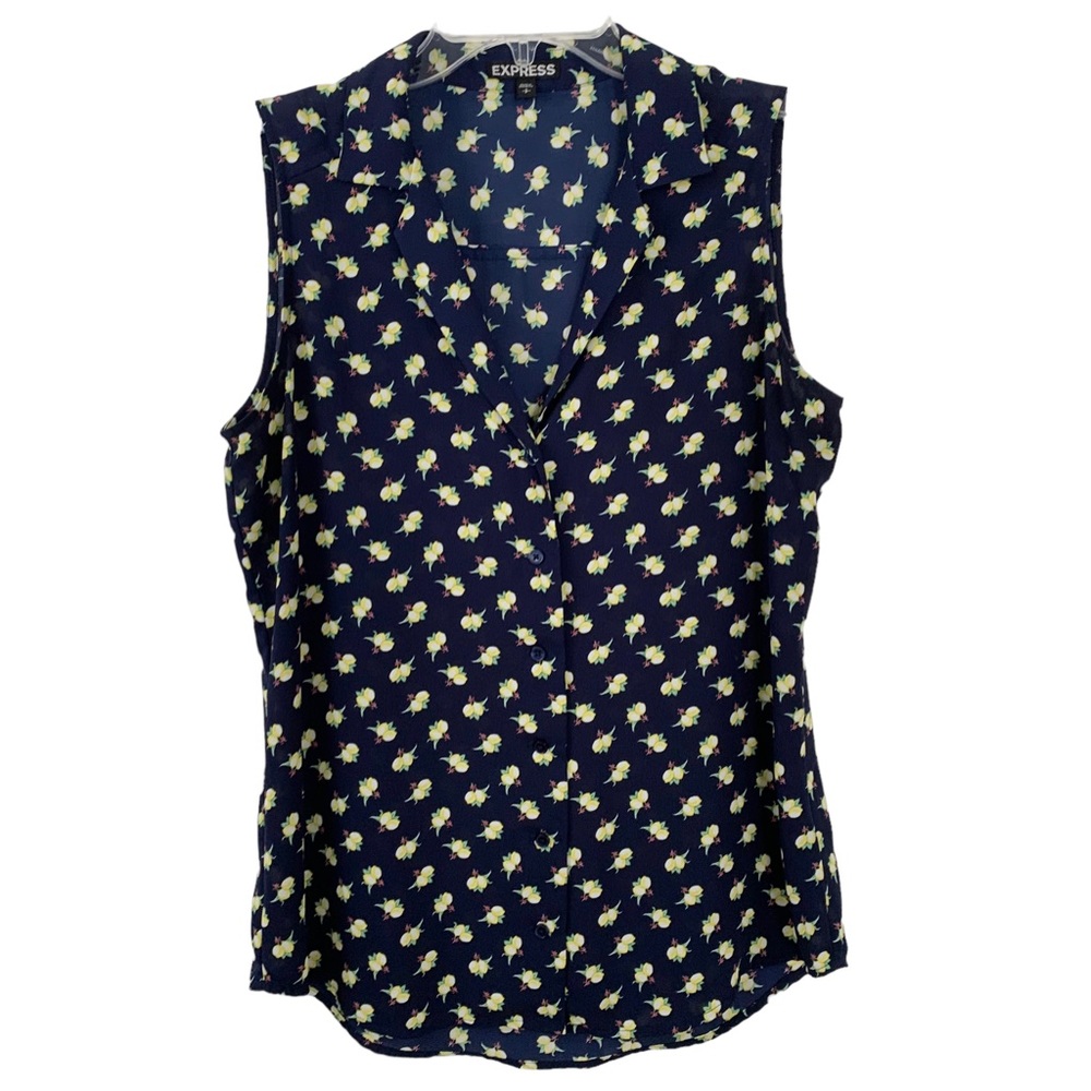 Express Navy Sleeveless Button-Down Shirt with Yellow 🍋 Print